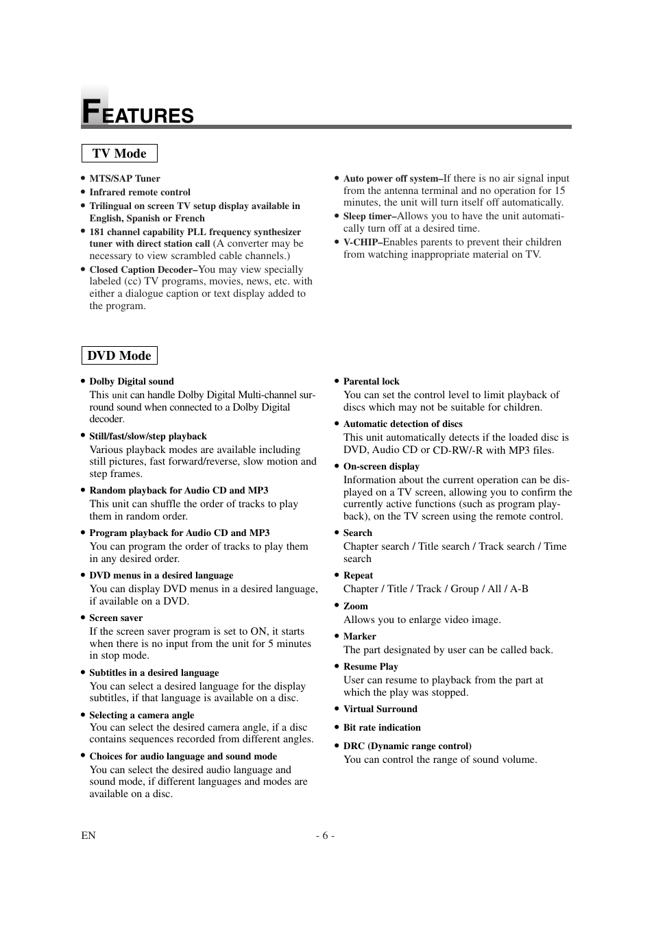 Eatures | Sylvania 6620LDG User Manual | Page 6 / 44
