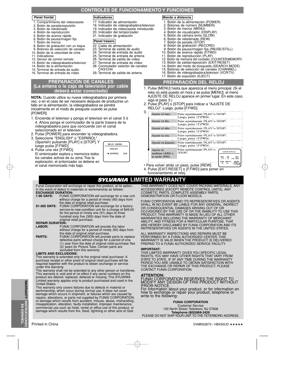 Limited warranty, Controles de funcionamiento y funciones | Sylvania 6260VC User Manual | Page 8 / 8