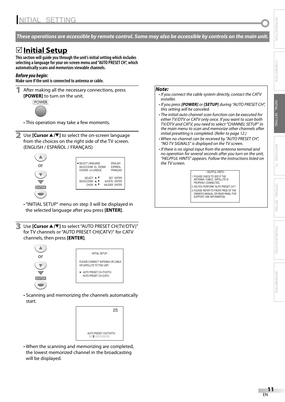 Nitial setting, Initial setup | Sylvania LC200SL9 A User Manual | Page 11 / 60