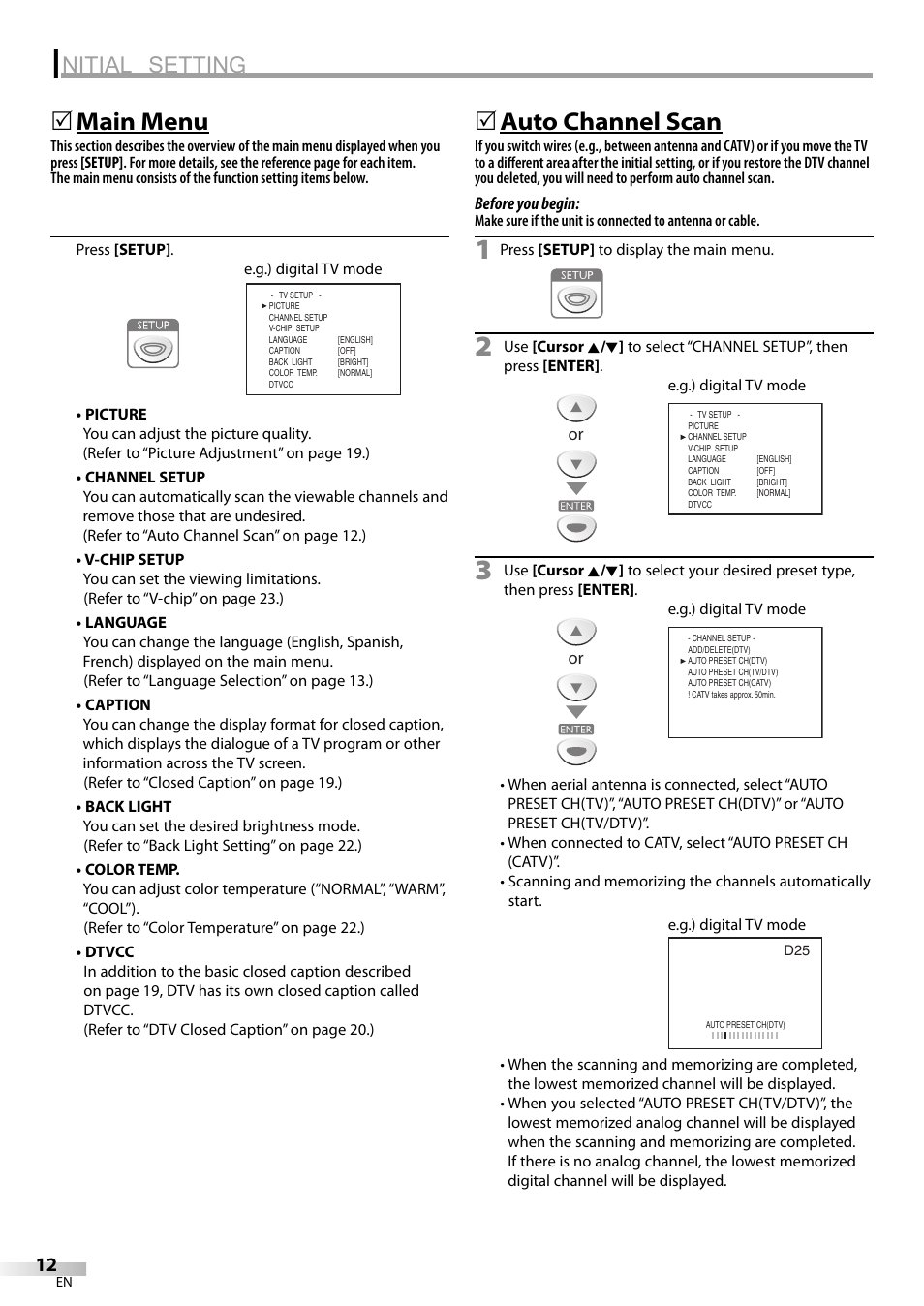 Nitial setting, Main menu, 5auto channel scan | Sylvania LC200SL9 A User Manual | Page 12 / 60