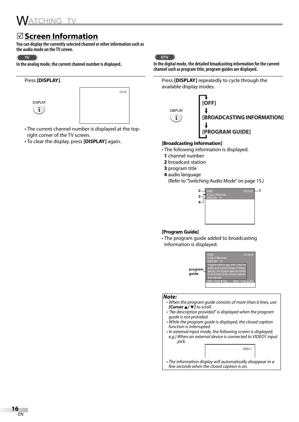 Atching tv, Screen information | Sylvania LC200SL9 A User Manual | Page 16 / 60