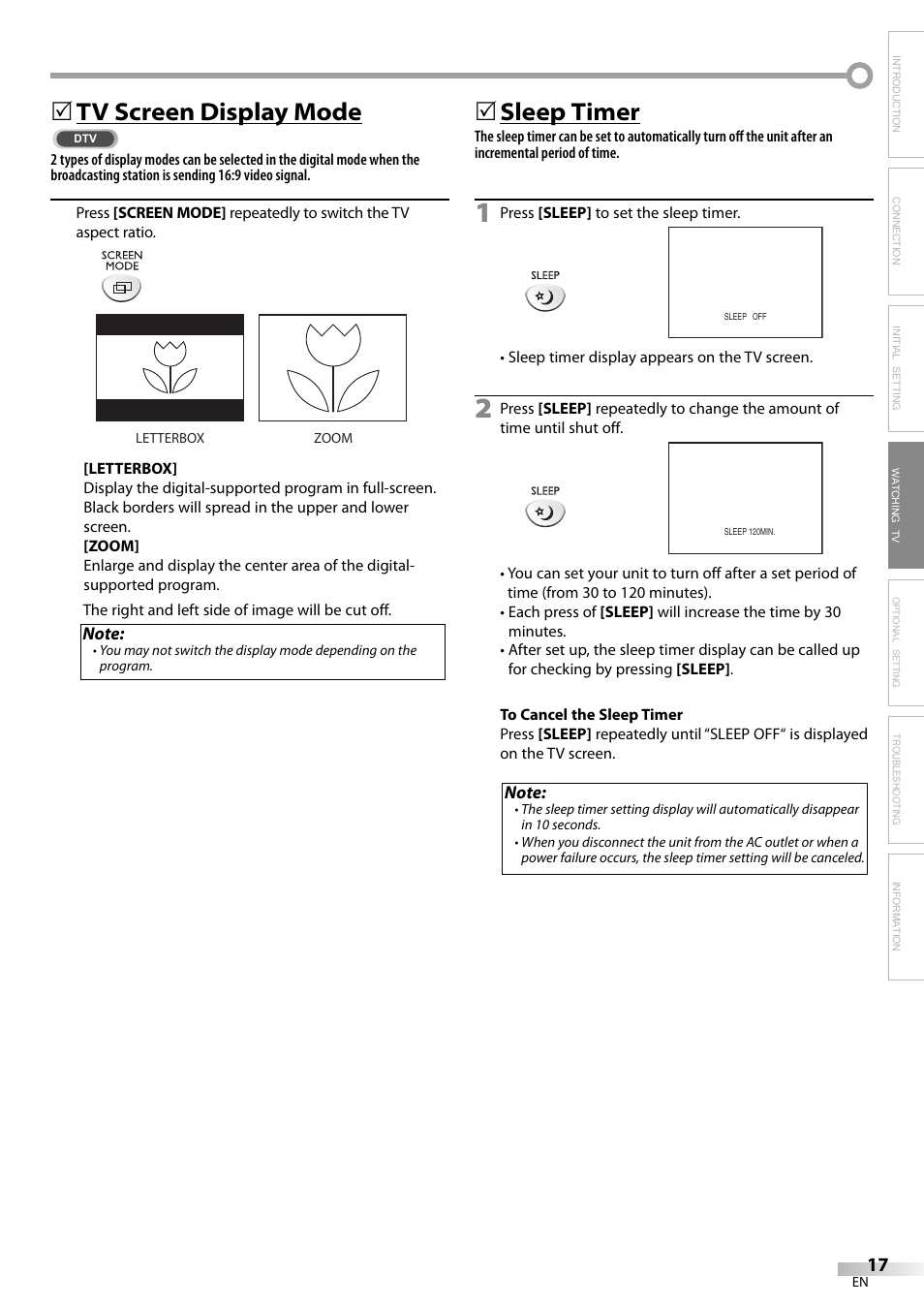 Tv screen display mode, 5sleep timer | Sylvania LC200SL9 A User Manual | Page 17 / 60