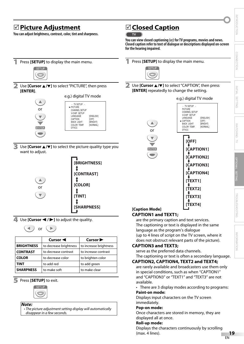 Picture adjustment, 5closed caption | Sylvania LC200SL9 A User Manual | Page 19 / 60