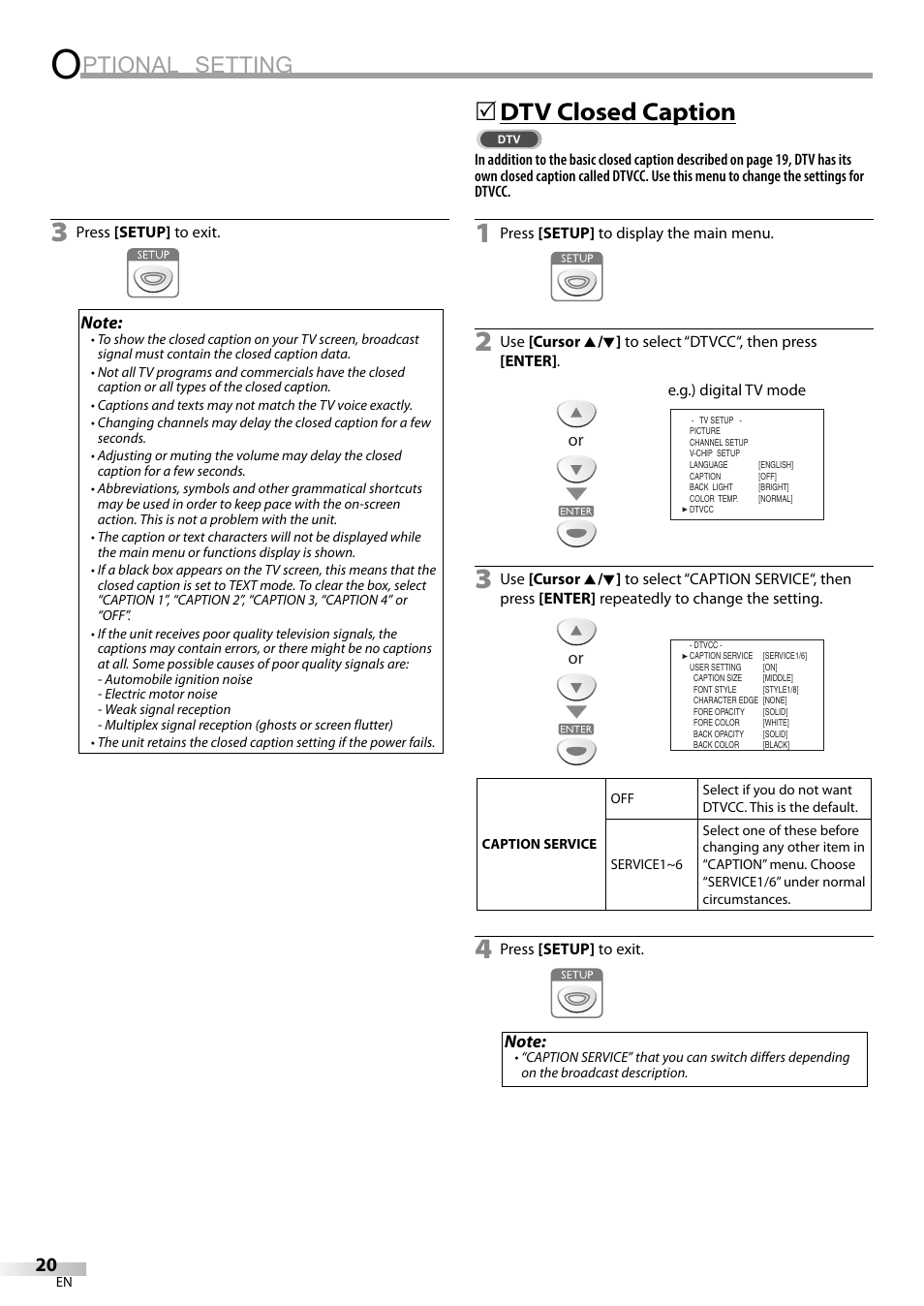 Ptional setting, Dtv closed caption | Sylvania LC200SL9 A User Manual | Page 20 / 60