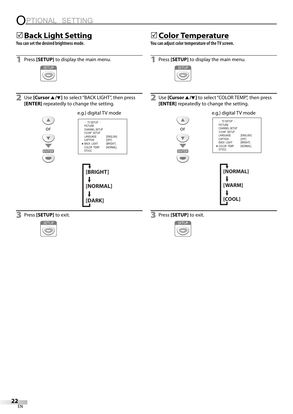 Ptional setting, Back light setting, 5color temperature | Sylvania LC200SL9 A User Manual | Page 22 / 60
