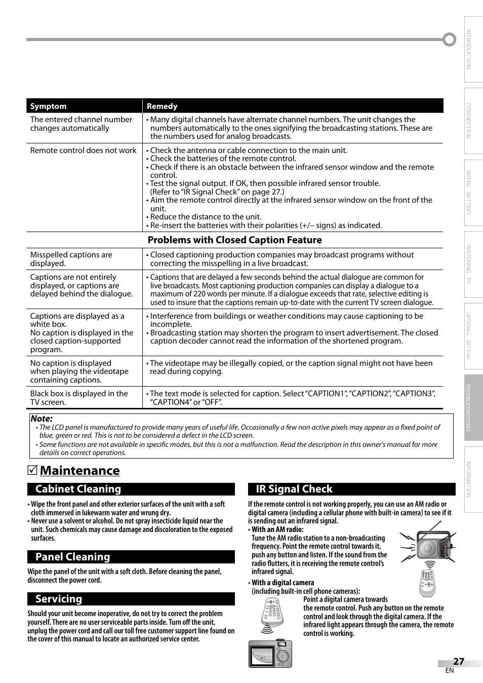 Maintenance 5, Cabinet cleaning, Panel cleaning | Servicing, Ir signal check | Sylvania LC200SL9 A User Manual | Page 27 / 60