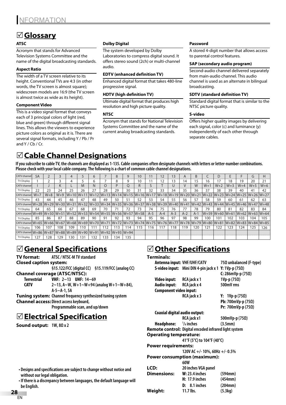 Nformation, Glossary 5, Electrical specification | 5other specifications | Sylvania LC200SL9 A User Manual | Page 28 / 60