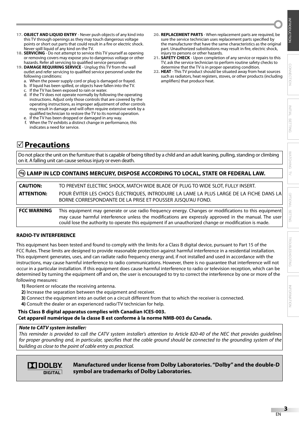 Precautions | Sylvania LC200SL9 A User Manual | Page 3 / 60