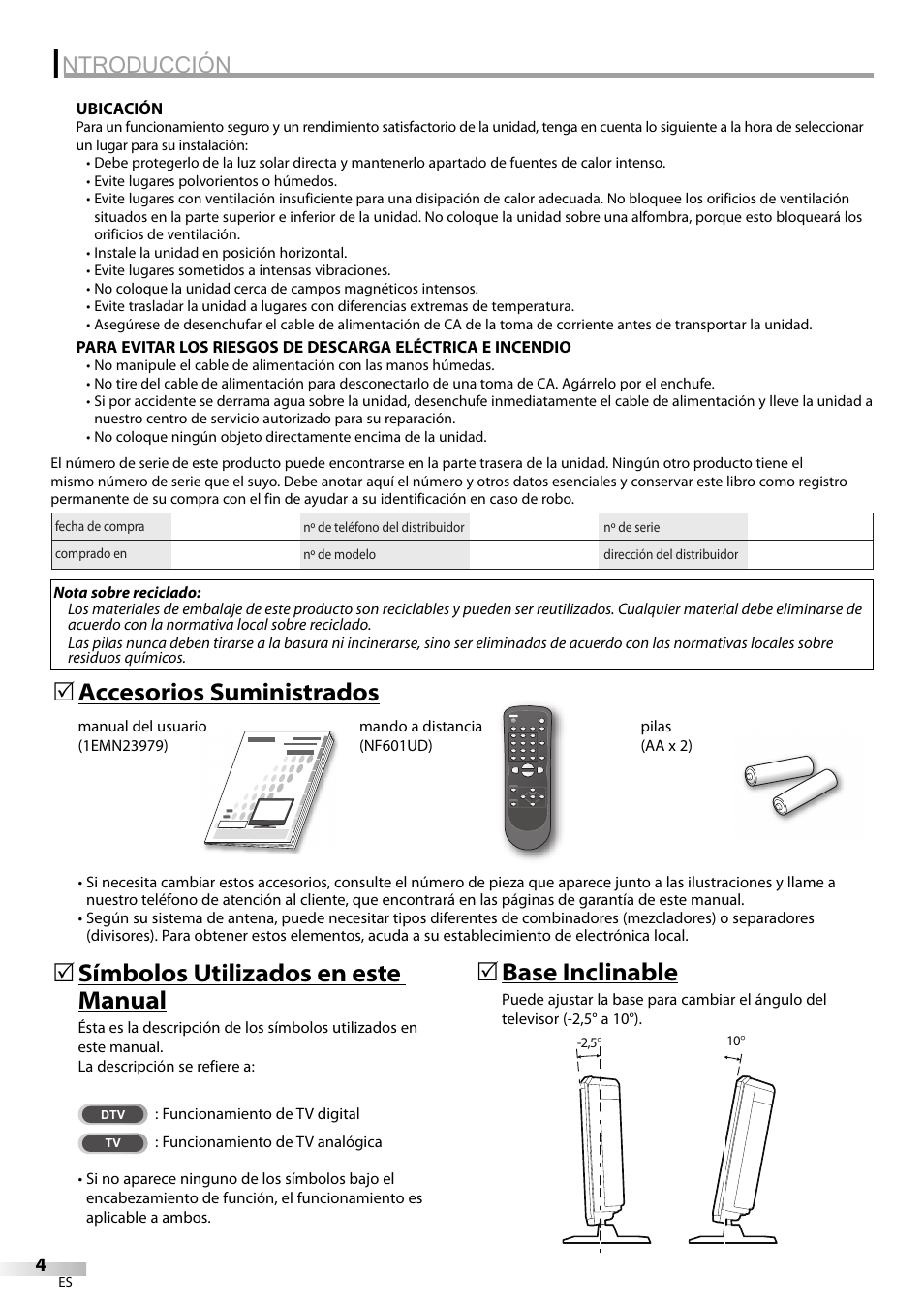 Ntroducción, Accesorios suministrados 5, Símbolos utilizados en este manual | 5base inclinable | Sylvania LC200SL9 A User Manual | Page 34 / 60
