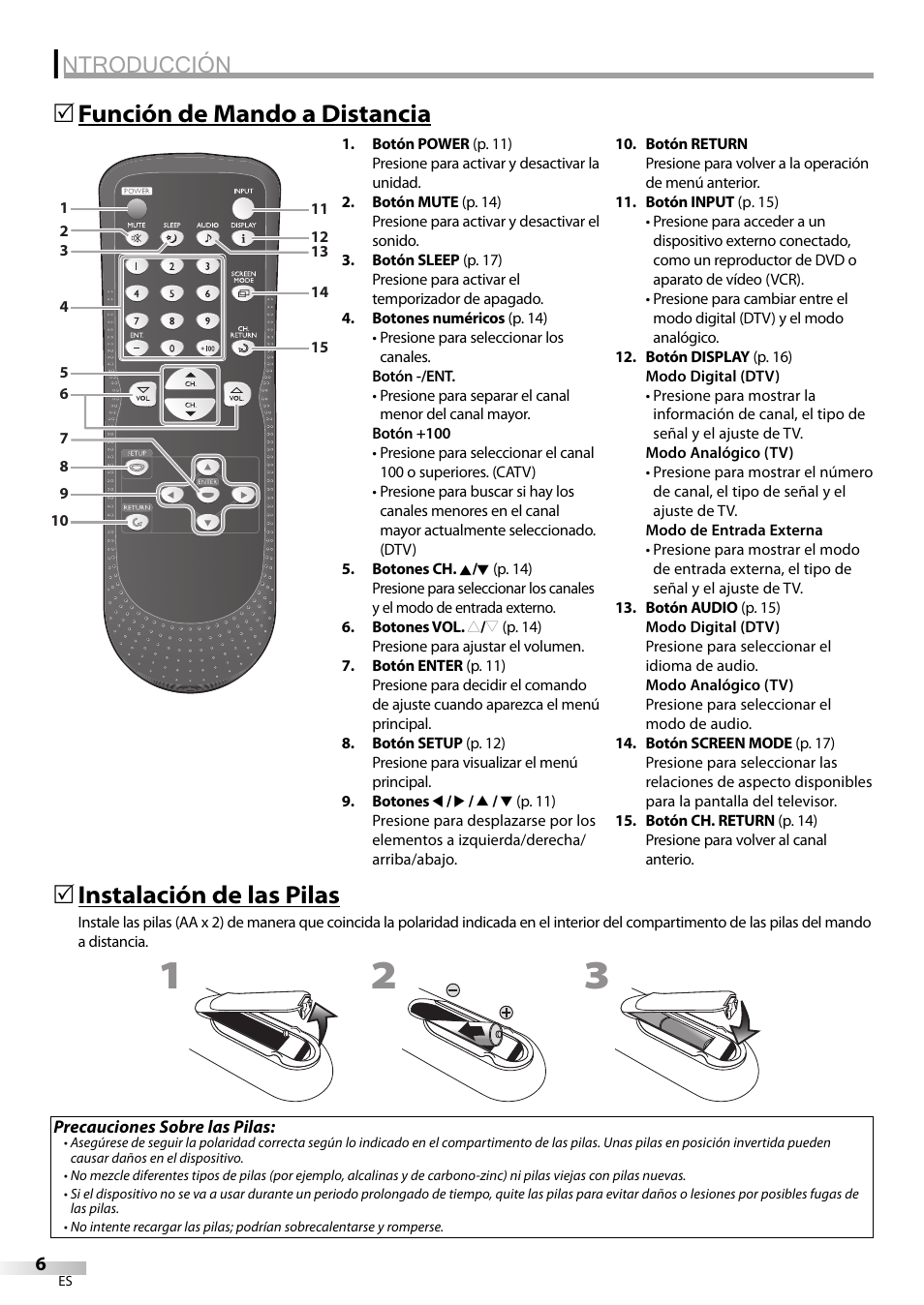 Ntroducción, Función de mando a distancia 5, Instalación de las pilas | Sylvania LC200SL9 A User Manual | Page 36 / 60