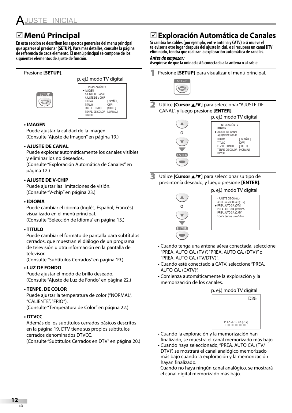 Juste inicial, Menú principal, 5exploración automática de canales | Sylvania LC200SL9 A User Manual | Page 42 / 60