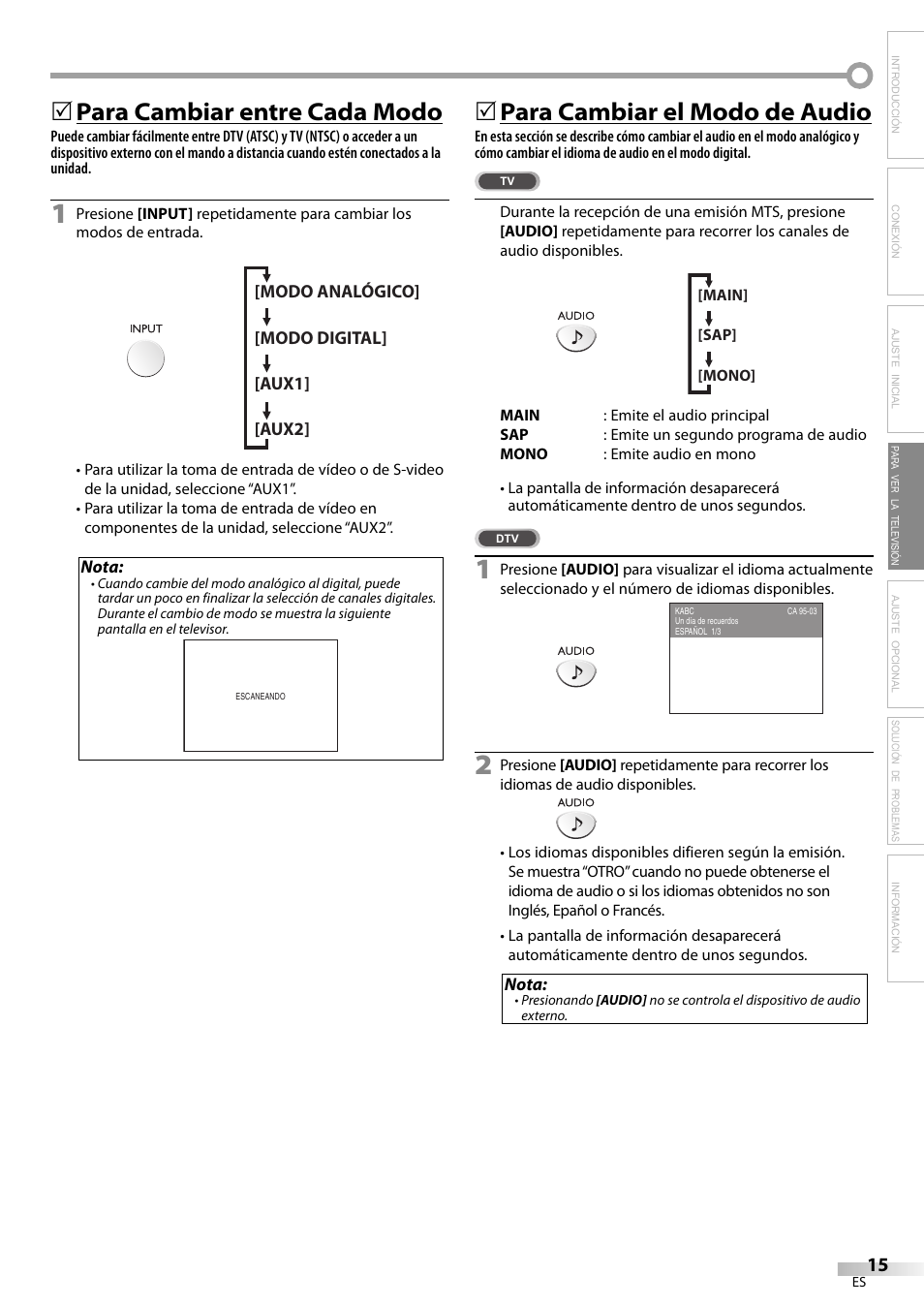 Para cambiar entre cada modo, 5para cambiar el modo de audio | Sylvania LC200SL9 A User Manual | Page 45 / 60