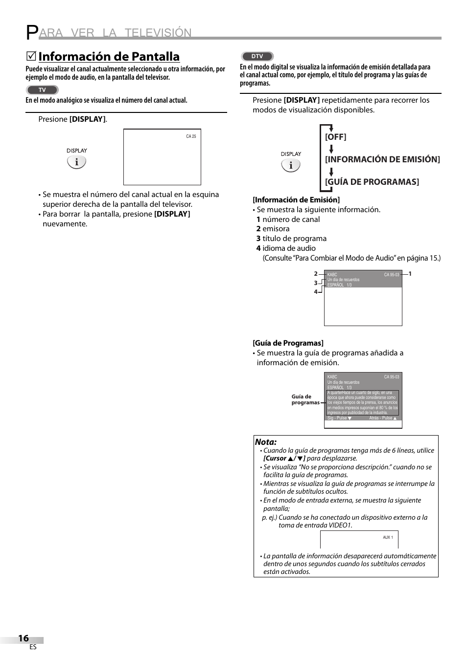 Ara ver la televisión, Información de pantalla | Sylvania LC200SL9 A User Manual | Page 46 / 60