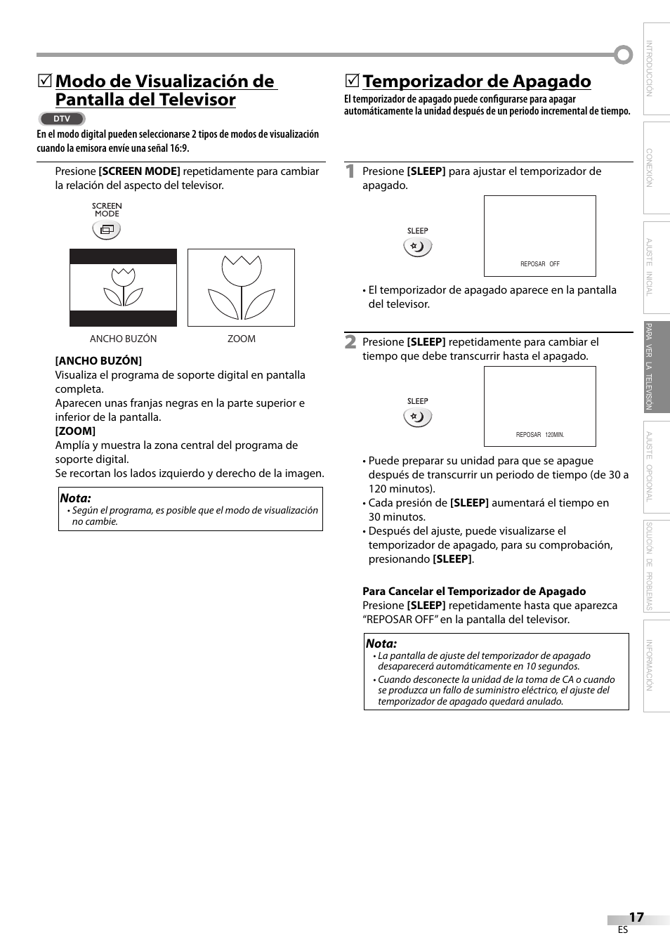 Modo de visualización de pantalla del televisor, 5temporizador de apagado | Sylvania LC200SL9 A User Manual | Page 47 / 60