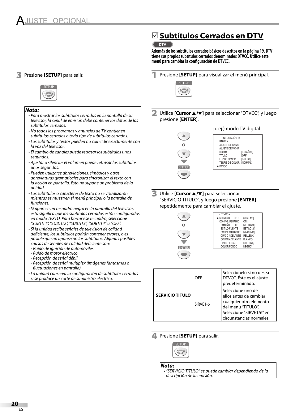 Juste opcional, Subtítulos cerrados en dtv | Sylvania LC200SL9 A User Manual | Page 50 / 60