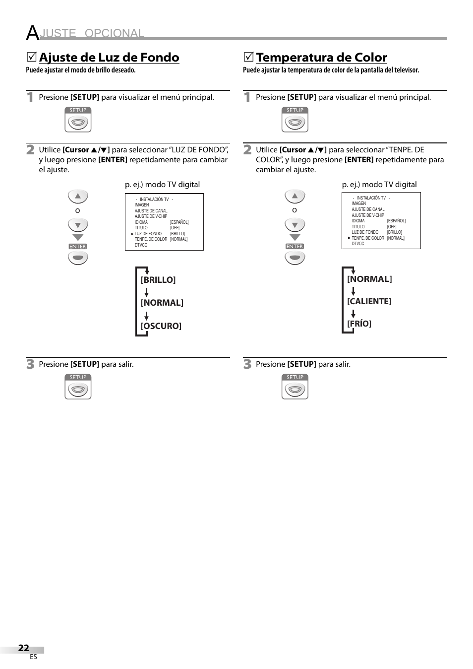 Juste opcional, Ajuste de luz de fondo, 5temperatura de color | Sylvania LC200SL9 A User Manual | Page 52 / 60