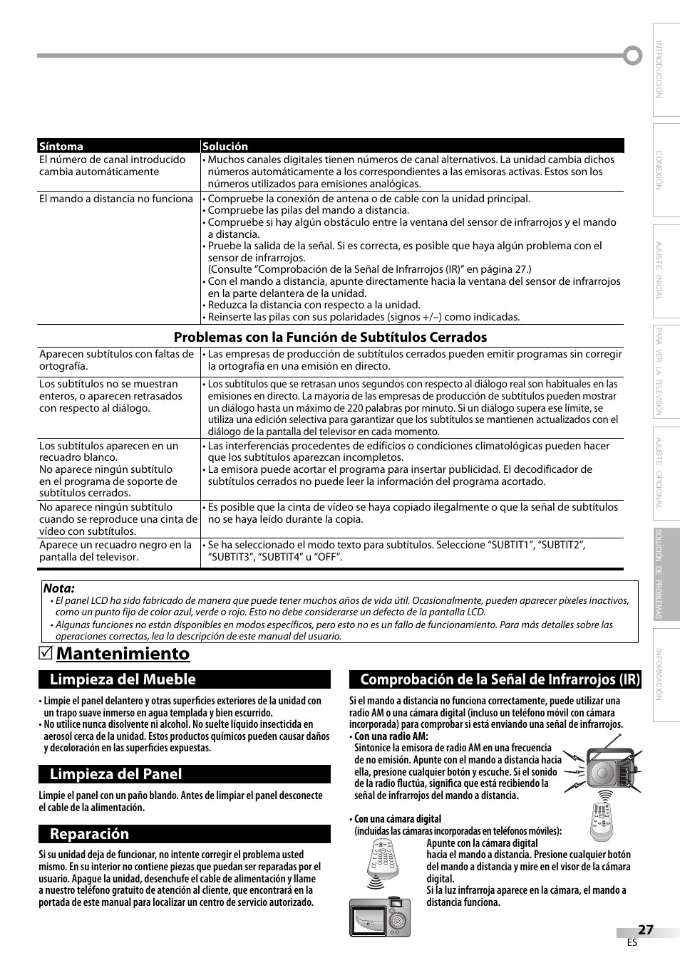 Mantenimiento 5, Limpieza del mueble, Limpieza del panel | Reparación, Comprobación de la señal de infrarrojos (ir), Problemas con la función de subtítulos cerrados | Sylvania LC200SL9 A User Manual | Page 57 / 60