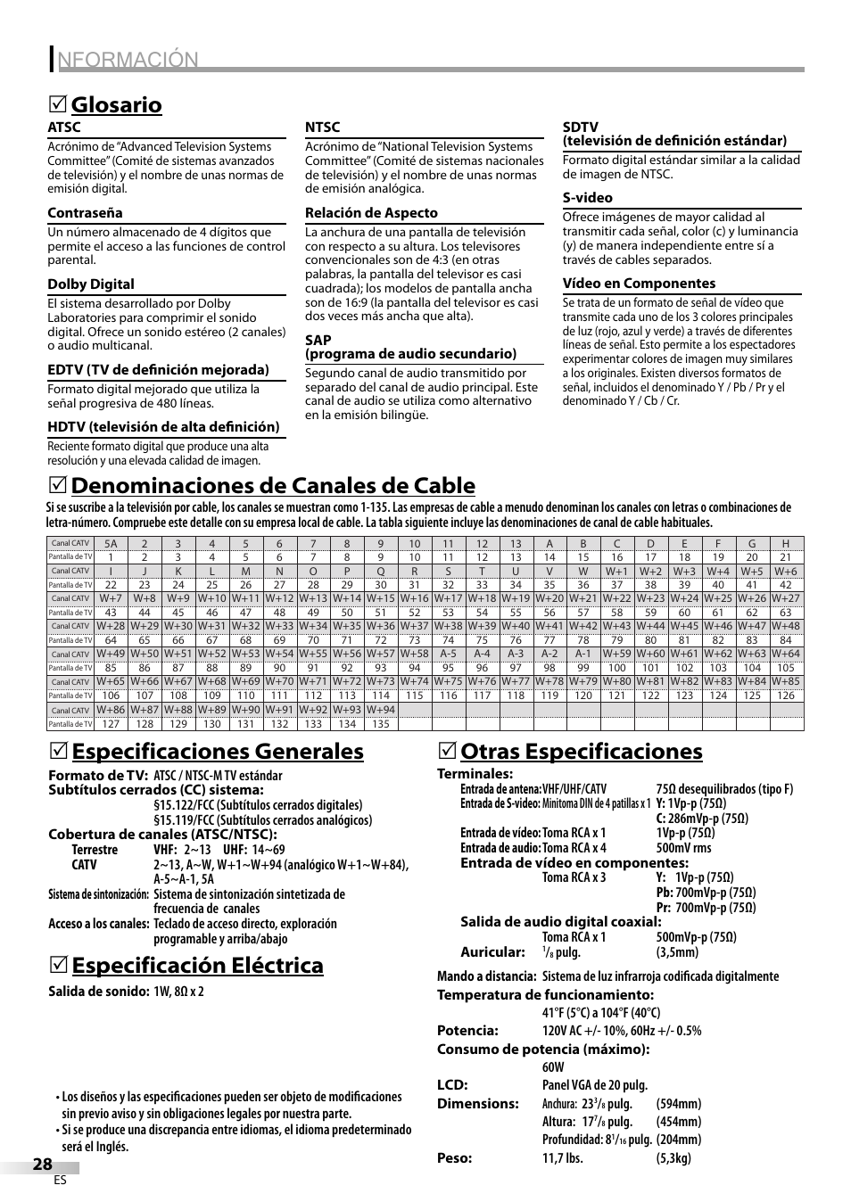 Nformación, Glosario 5, Especificación eléctrica | 5otras especificaciones | Sylvania LC200SL9 A User Manual | Page 58 / 60