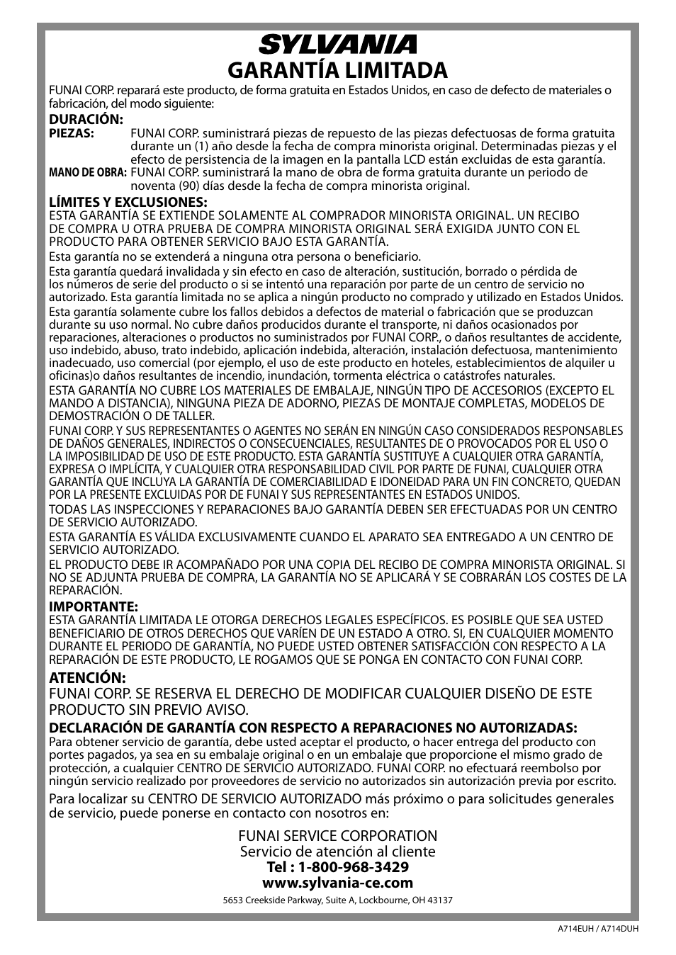 Garantía limitada | Sylvania LC200SL9 A User Manual | Page 60 / 60