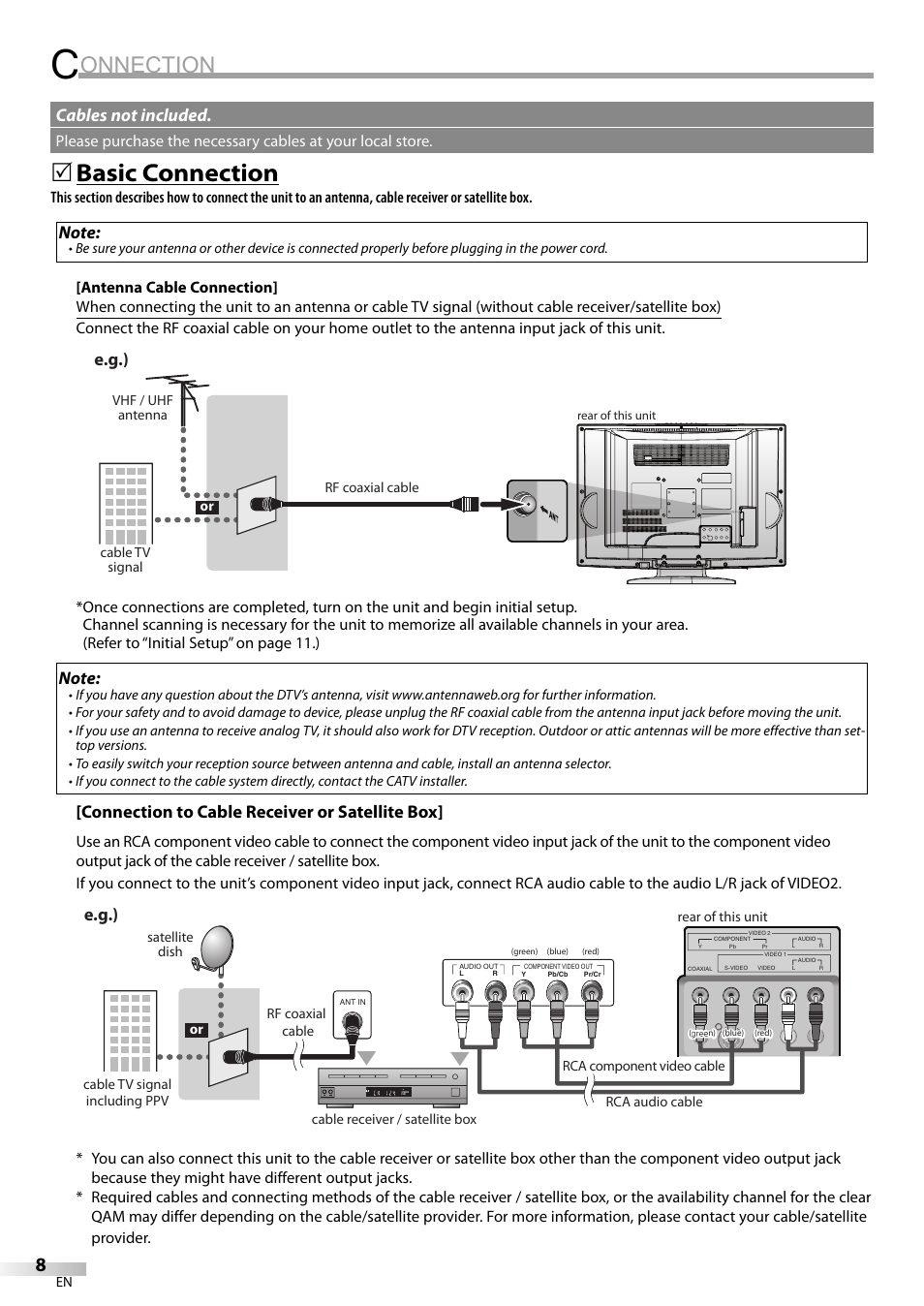 Onnection, Basic connection, E.g.) | Connection to cable receiver or satellite box, Cables not included | Sylvania LC200SL9 A User Manual | Page 8 / 60
