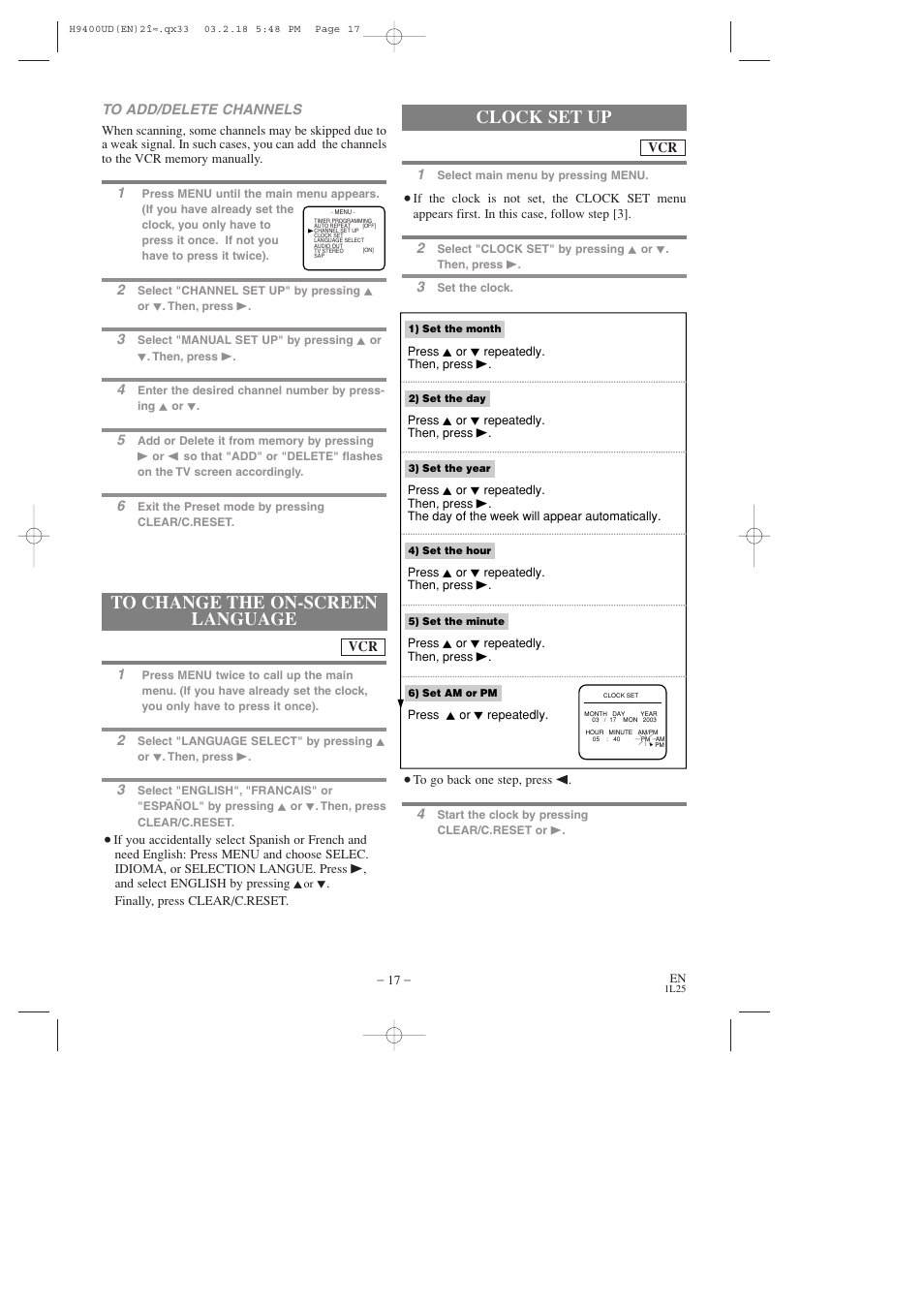 Clock set up | Sylvania DVC860D User Manual | Page 17 / 44