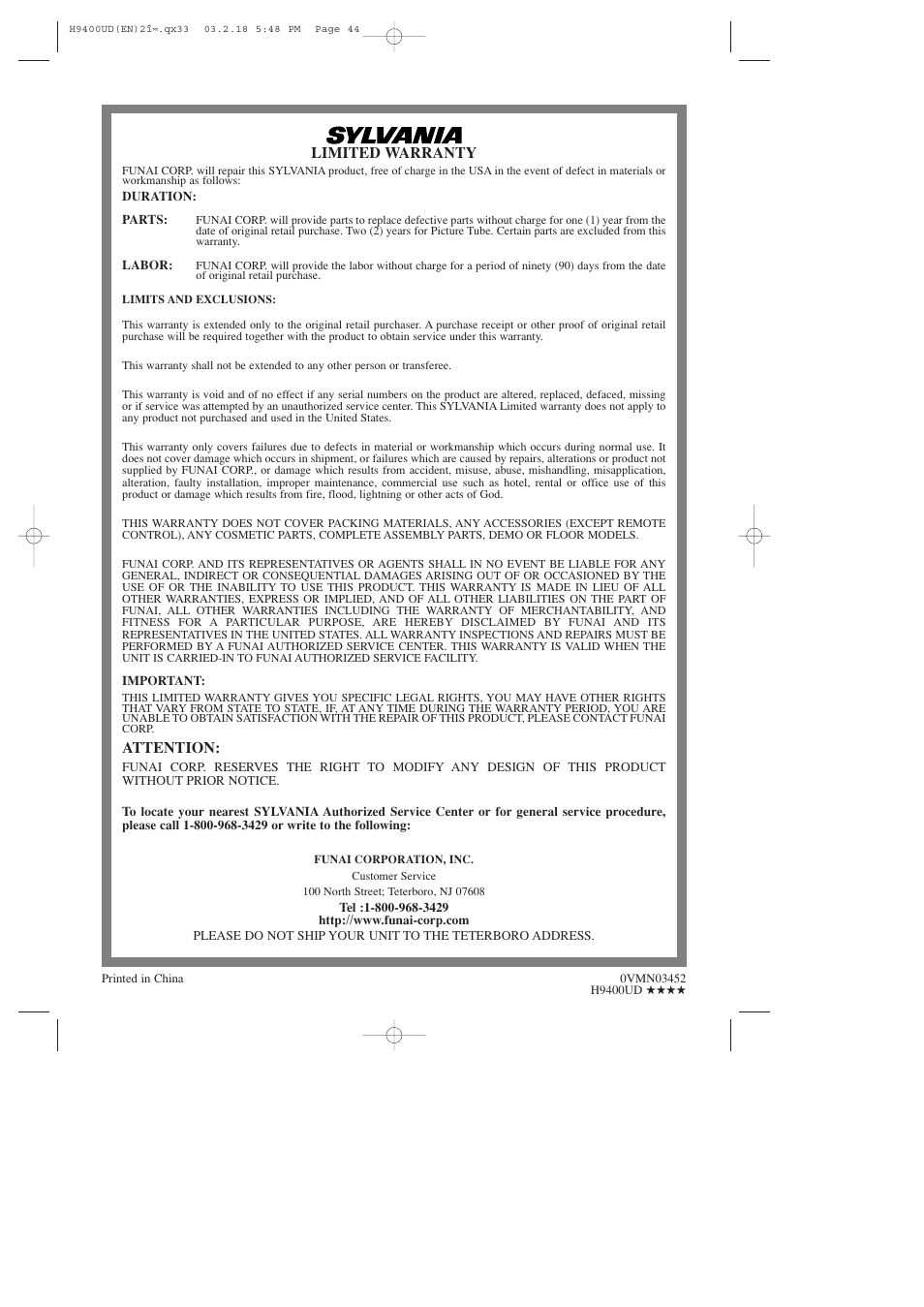 Limited warranty, Attention | Sylvania DVC860D User Manual | Page 44 / 44
