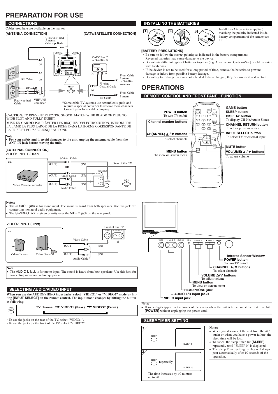 Preparation for use, Operations, Ant. in l r video 1 in put video s-video | Connections, Remote control and front panel function, Installing the batteries, Selecting audio/video input, Sleep timer setting | Sylvania 6424FF User Manual | Page 2 / 8