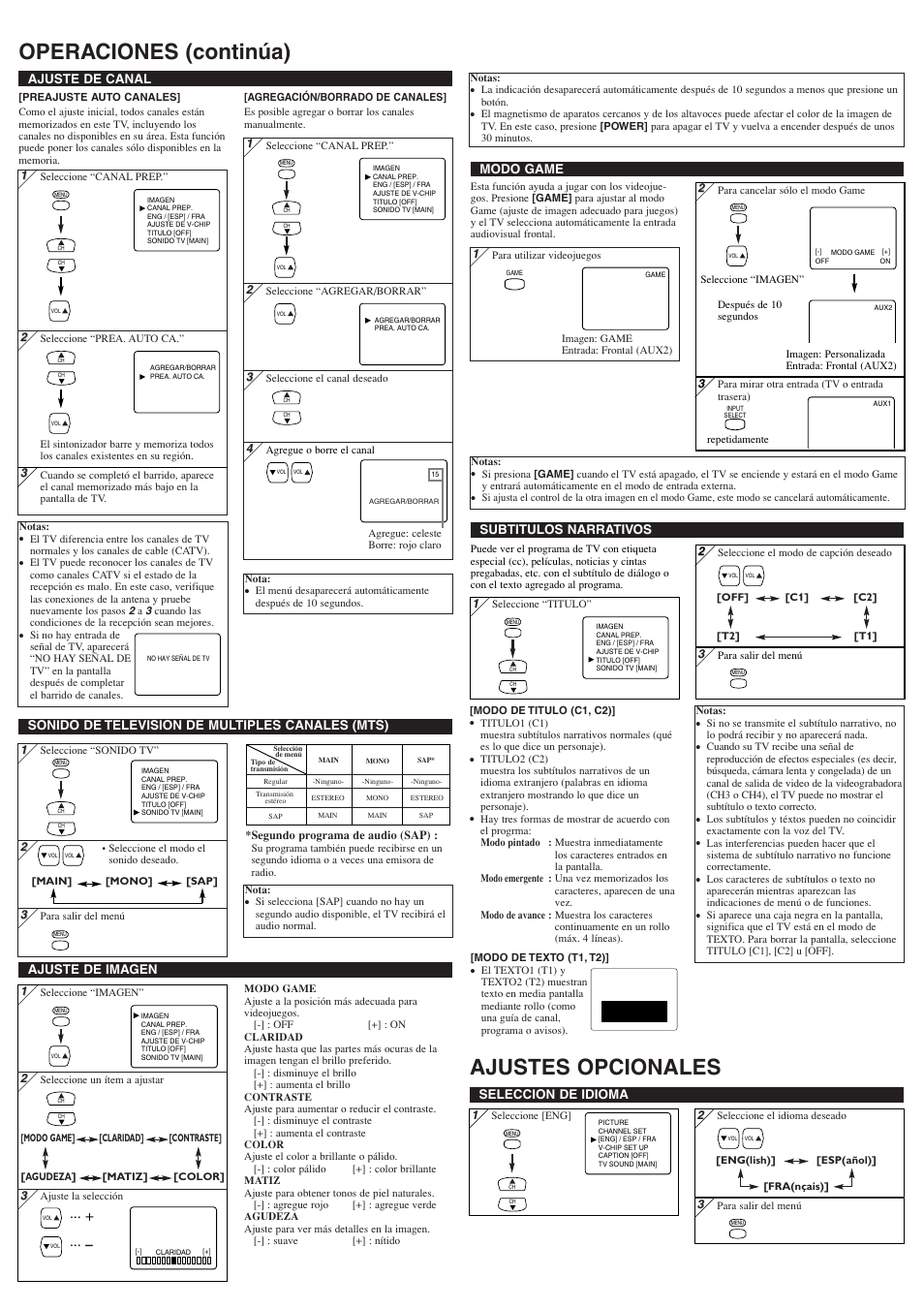 Operaciones (continúa) ajustes opcionales, Ajuste de imagen, Ajuste de canal | Seleccion de idioma, Subtitulos narrativos, Sonido de television de multiples canales (mts), Modo game | Sylvania 6424FF User Manual | Page 7 / 8