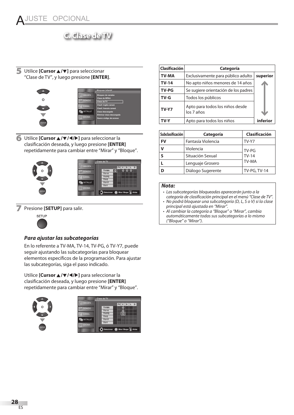 Juste opcional, C. clase de tv, Para ajustar las subcategorías | Nota, Presione [setup] para salir | Sylvania LC195SSX User Manual | Page 104 / 115