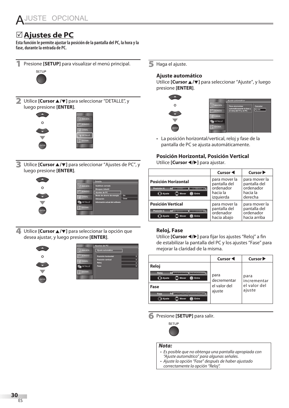 Juste opcional, Ajustes de pc, Ajuste automático | Posición horizontal, posición vertical, Reloj, fase, Nota, Presione [setup] para visualizar el menú principal, Haga el ajuste, Utilice [cursor s / b ] para ajustar, Presione [setup] para salir | Sylvania LC195SSX User Manual | Page 106 / 115