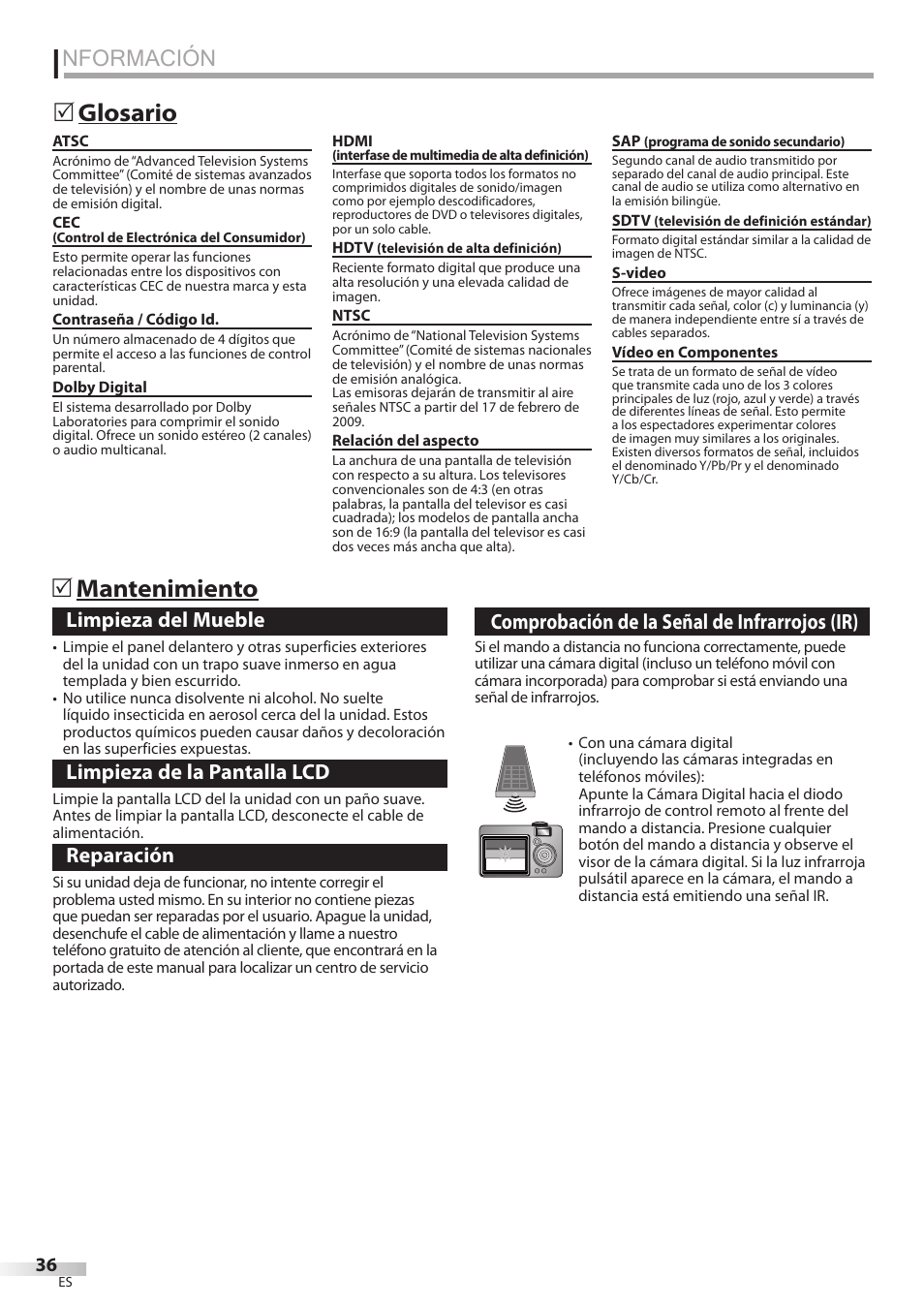 Nformación, Glosario 5 mantenimiento 5, Limpieza del mueble | Limpieza de la pantalla lcd, Reparación, Comprobación de la señal de infrarrojos (ir) | Sylvania LC195SSX User Manual | Page 112 / 115