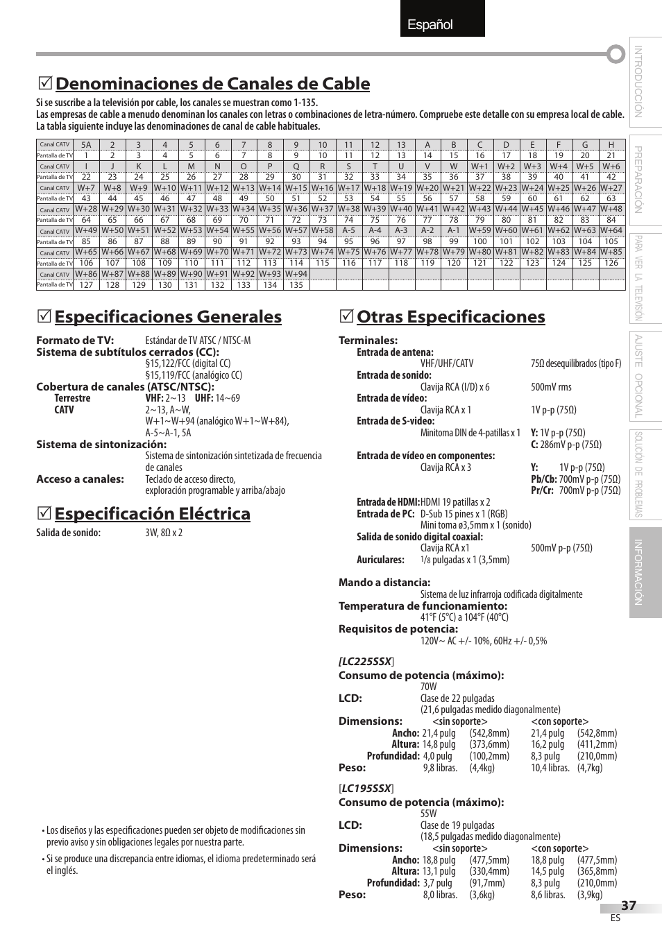 English español français, Especificaciones generales, Especificación eléctrica | 5otras especificaciones, Denominaciones de canales de cable 5 | Sylvania LC195SSX User Manual | Page 113 / 115