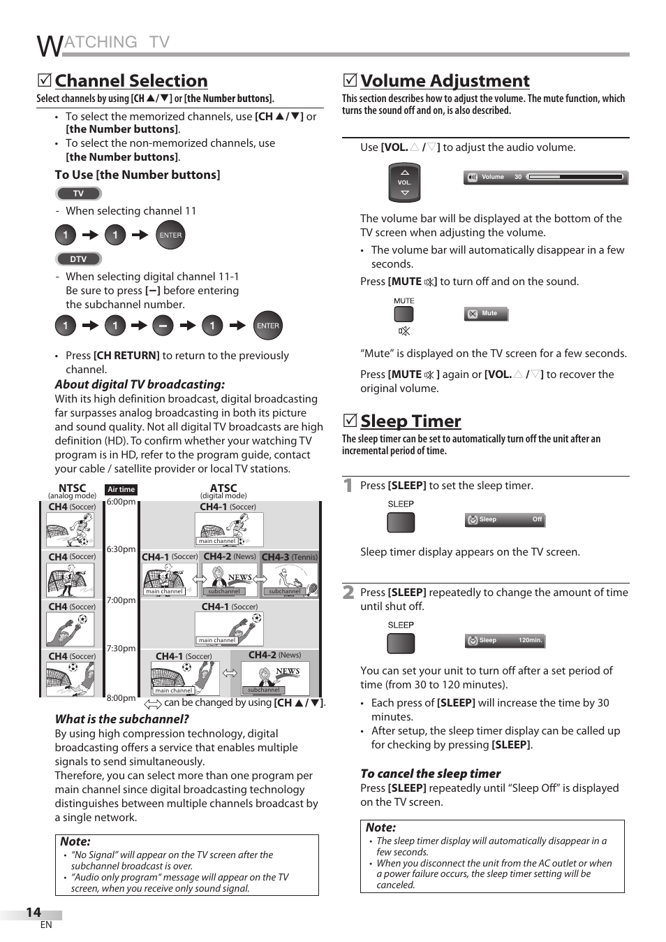 Atching tv, Channel selection, Volume adjustment | Sleep timer | Sylvania LC195SSX User Manual | Page 14 / 115