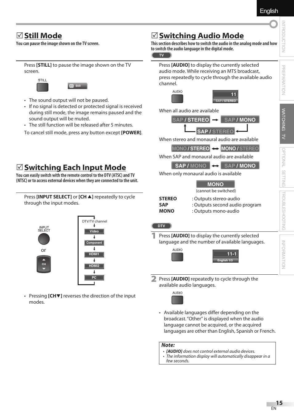English español français, Still mode, Switching each input mode | Switching audio mode | Sylvania LC195SSX User Manual | Page 15 / 115