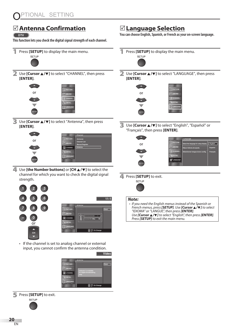 Ptional setting, Antenna confirmation, Language selection | Sylvania LC195SSX User Manual | Page 20 / 115