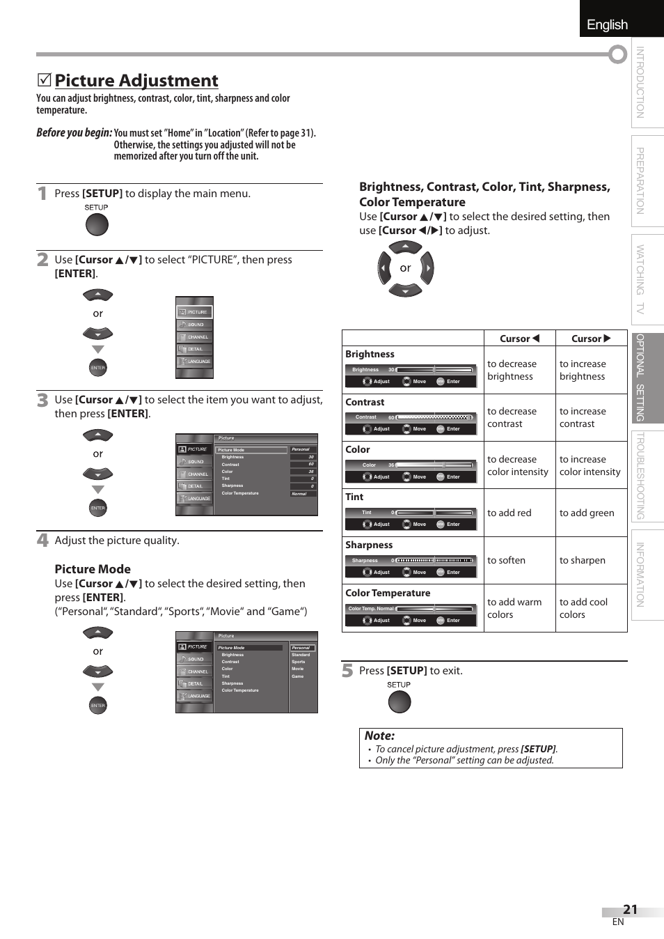 English español français, Picture adjustment, Before you begin | Picture mode, Press [setup] to display the main menu, Adjust the picture quality, Press [setup] to exit | Sylvania LC195SSX User Manual | Page 21 / 115