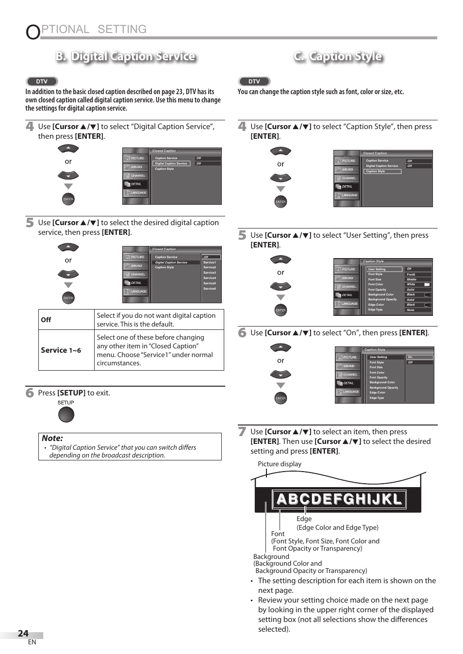 Ptional setting, B. digital caption service, C. caption style | Sylvania LC195SSX User Manual | Page 24 / 115