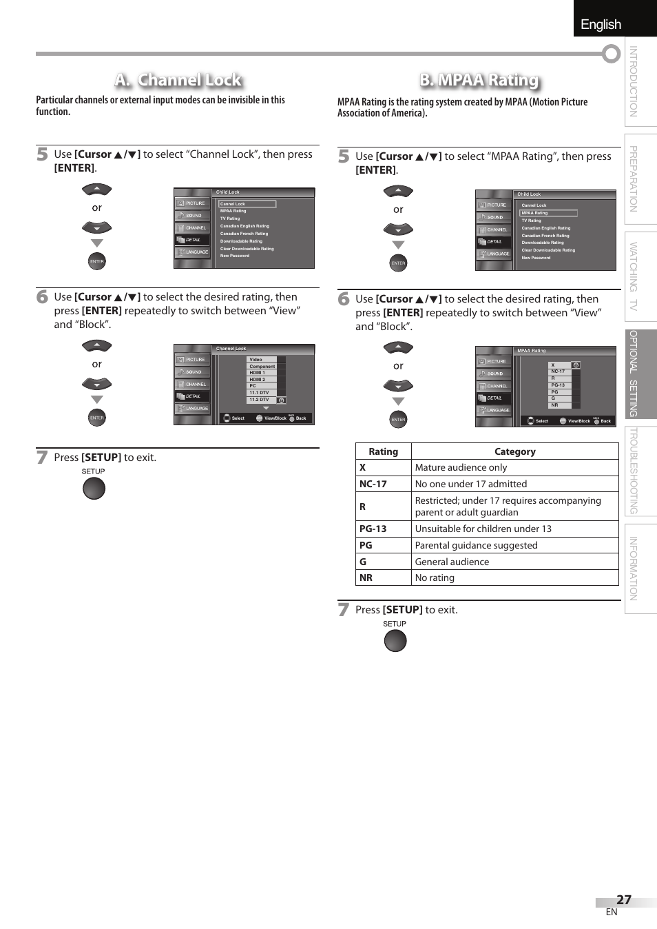 English español français, A. channel lock, B. mpaa rating | Sylvania LC195SSX User Manual | Page 27 / 115
