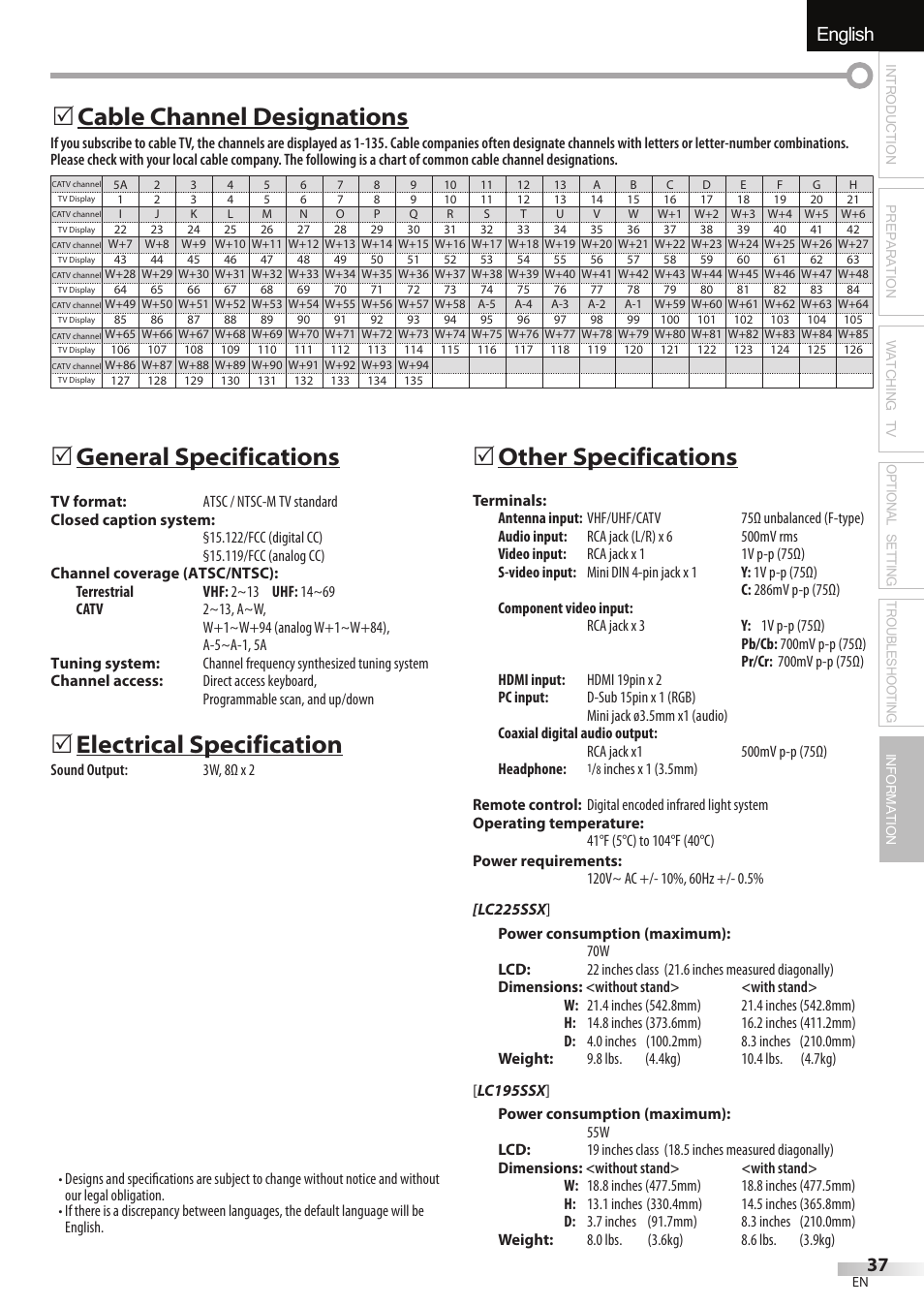 English español français, General specifications, Electrical specification | 5other specifications, Cable channel designations 5 | Sylvania LC195SSX User Manual | Page 37 / 115