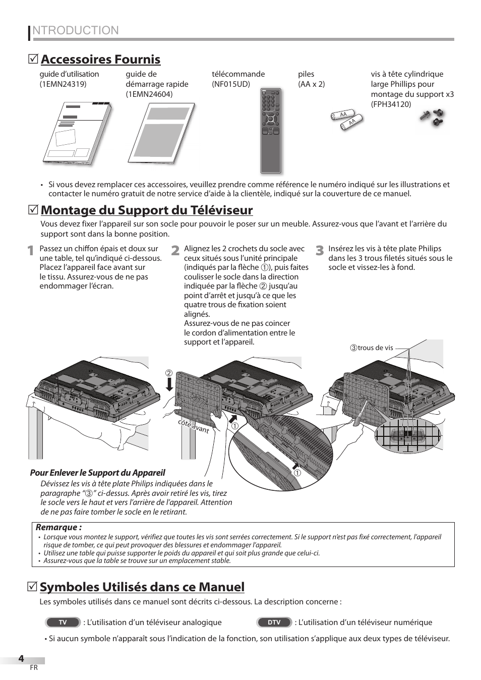 Ntroduction, Montage du support du téléviseur, 5accessoires fournis 5 | Symboles utilisés dans ce manuel | Sylvania LC195SSX User Manual | Page 42 / 115