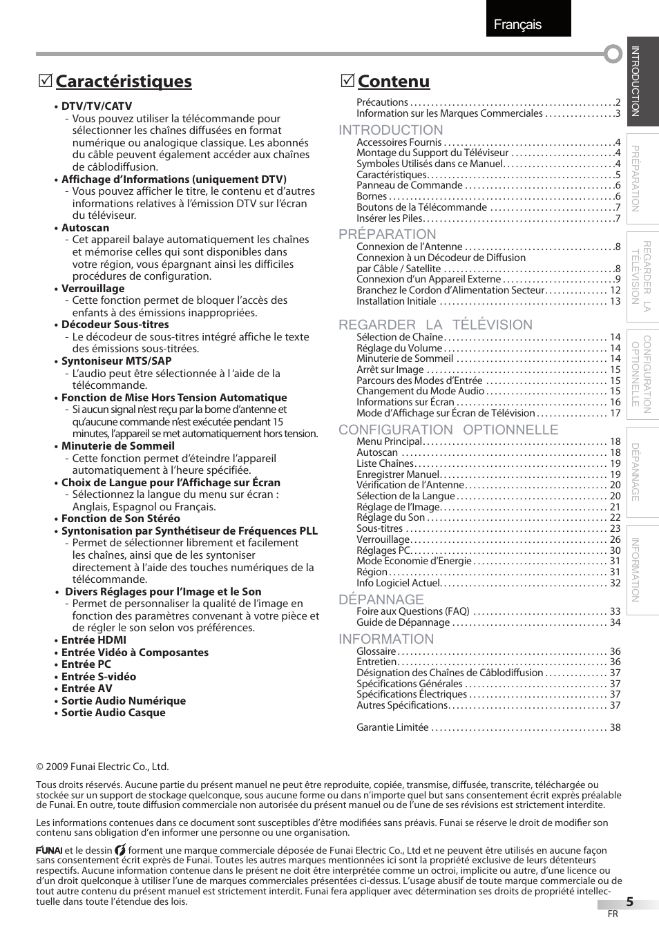 Français, Introduction, Préparation | Regarder la télévision, Configuration optionnelle, Dépannage, Information, Caractéristiques 5, Contenu 5 | Sylvania LC195SSX User Manual | Page 43 / 115