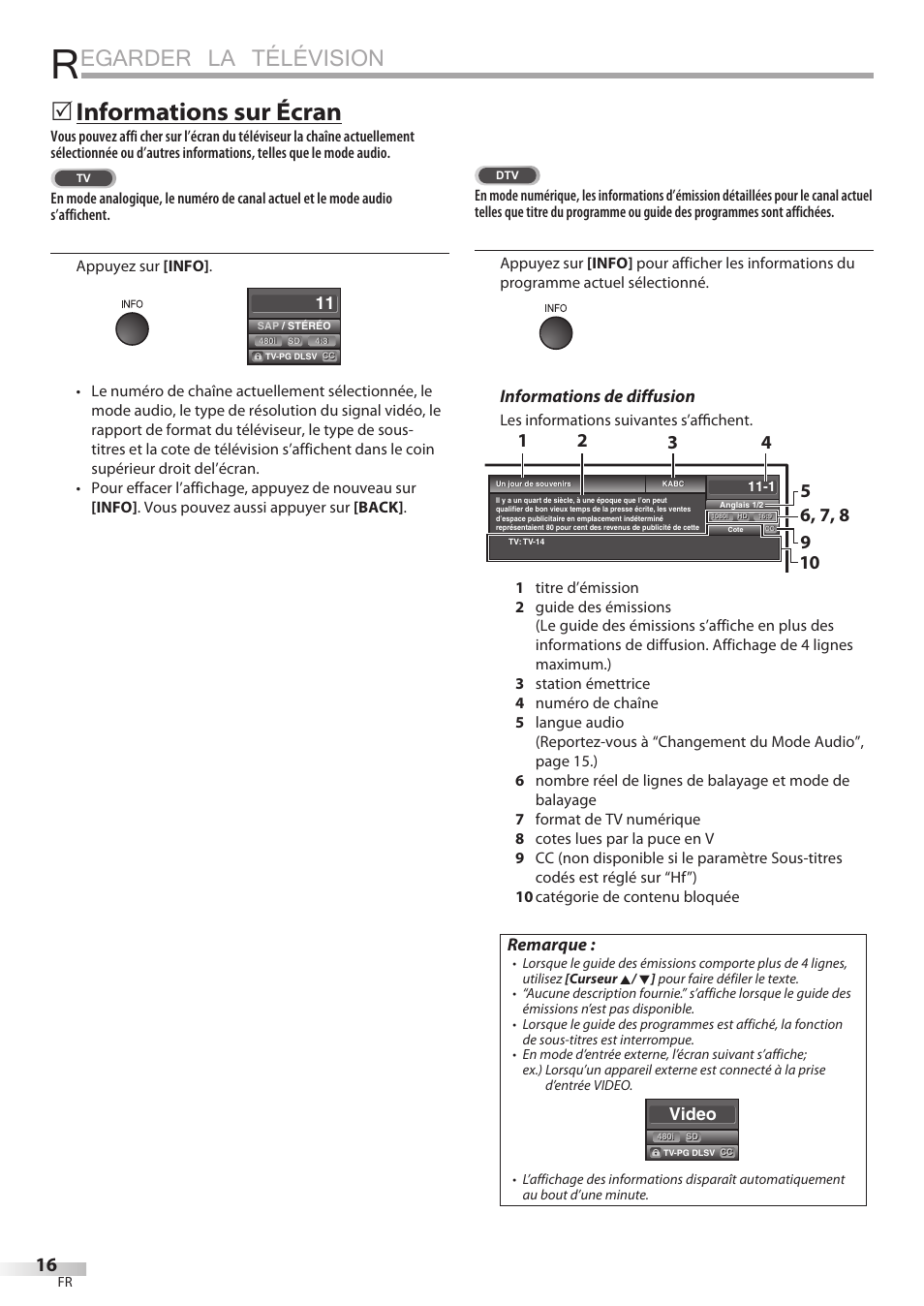 Egarder la télévision, Informations sur écran, Informations de diffusion | Remarque, Video | Sylvania LC195SSX User Manual | Page 54 / 115
