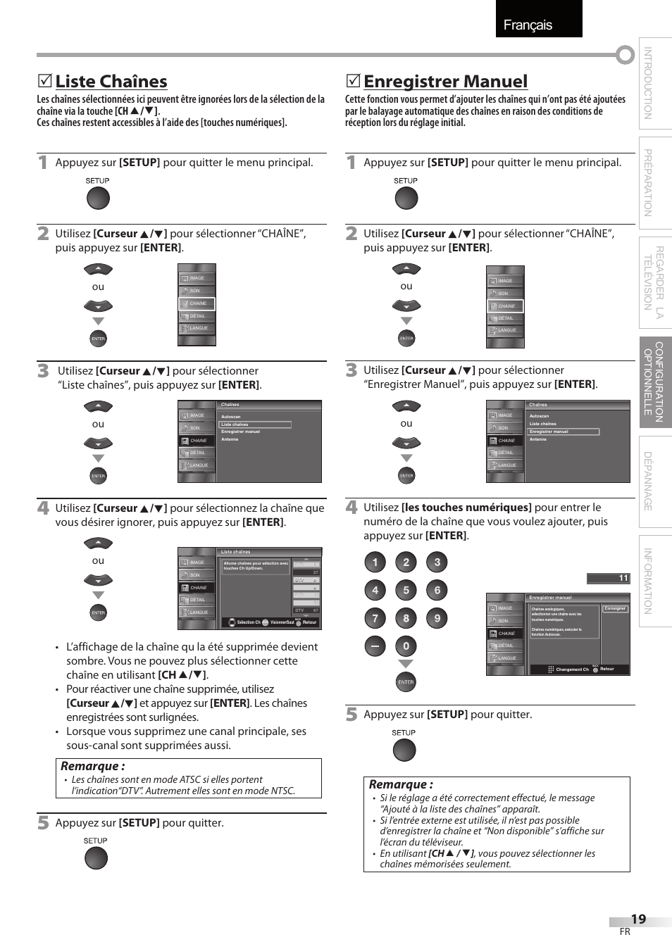 Français, Liste chaînes, Enregistrer manuel | Remarque, Appuyez sur [setup] pour quitter le menu principal, Appuyez sur [setup] pour quitter | Sylvania LC195SSX User Manual | Page 57 / 115