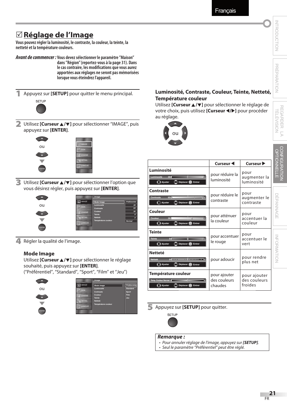 Français, Réglage de l’image, Avant de commencer | Mode image, Remarque, Appuyez sur [setup] pour quitter le menu principal, Régler la qualité de l’image, Appuyez sur [setup] pour quitter | Sylvania LC195SSX User Manual | Page 59 / 115