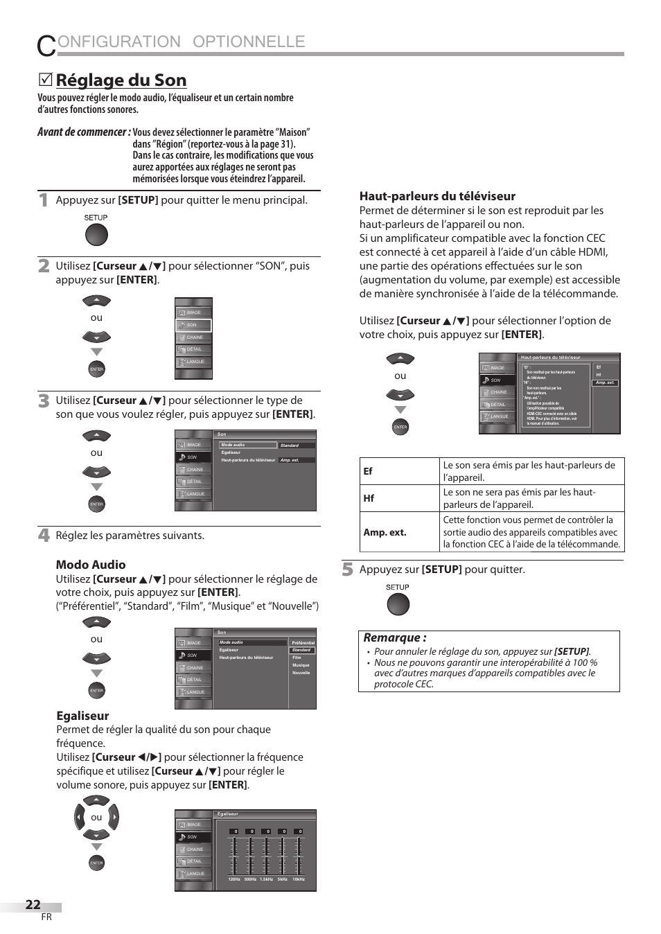 Onfiguration optionnelle, Réglage du son, Avant de commencer | Modo audio, Egaliseur, Haut-parleurs du téléviseur, Remarque, Appuyez sur [setup] pour quitter le menu principal, Réglez les paramètres suivants, Appuyez sur [setup] pour quitter | Sylvania LC195SSX User Manual | Page 60 / 115