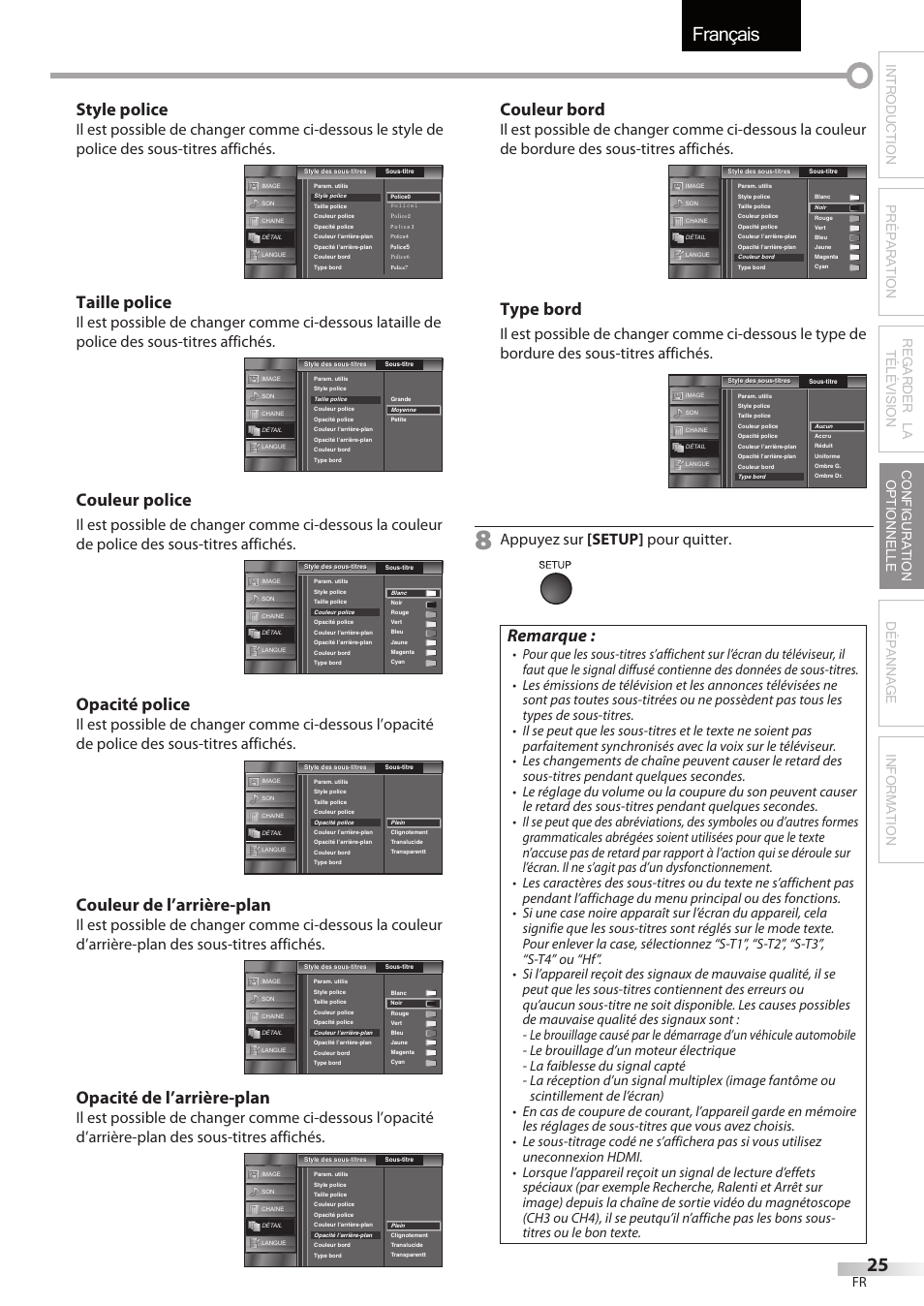 Français, Style police, Taille police | Couleur police, Opacité police, Couleur de l’arrière-plan, Opacité de l’arrière-plan, Couleur bord, Type bord, Remarque | Sylvania LC195SSX User Manual | Page 63 / 115