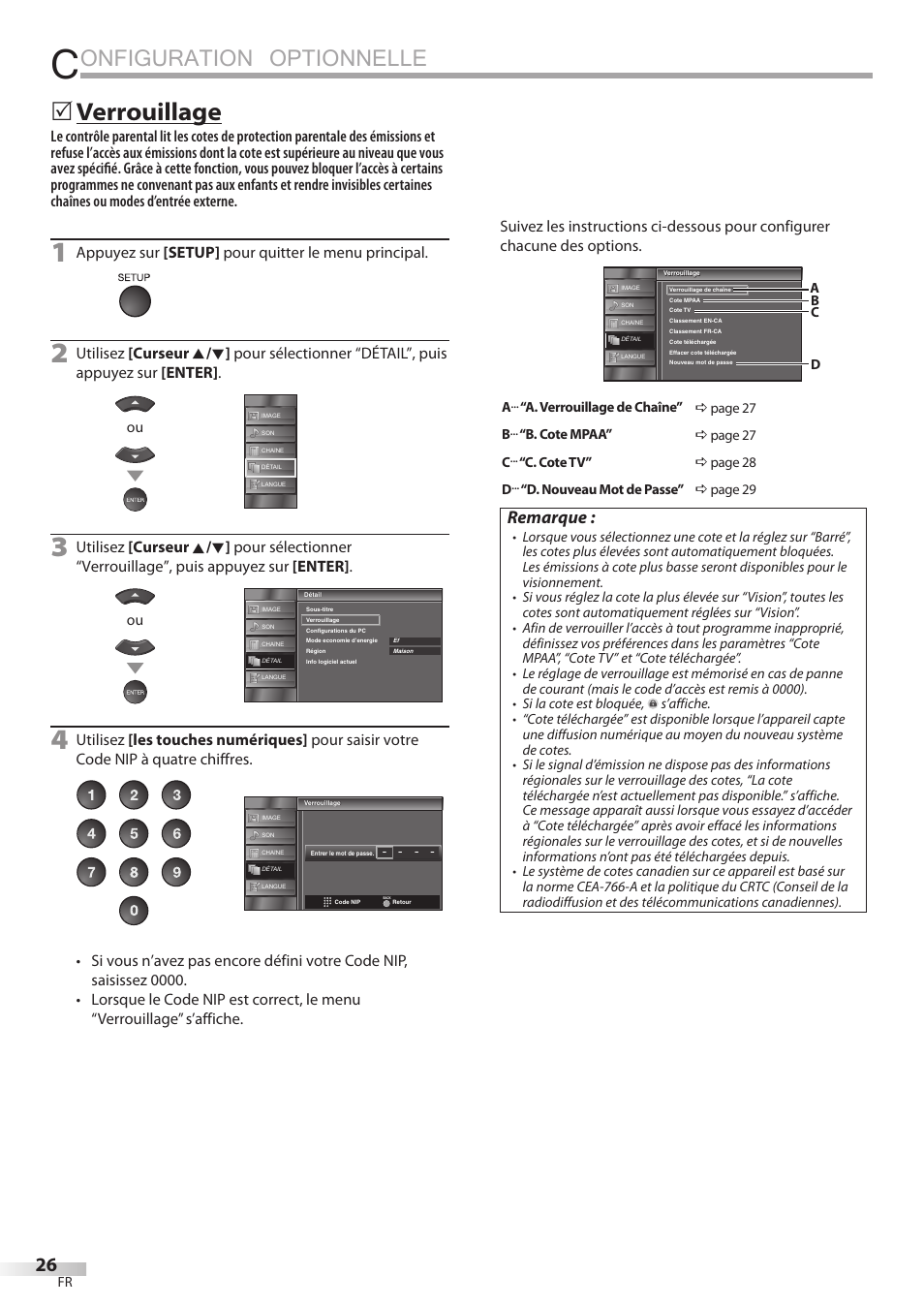 Onfiguration optionnelle, Verrouillage, Remarque | Appuyez sur [setup] pour quitter le menu principal | Sylvania LC195SSX User Manual | Page 64 / 115