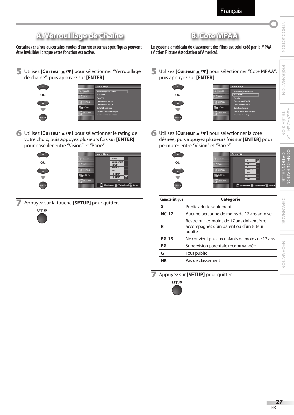 Français, A. verrouillage de chaîne, B. cote mpaa | Appuyez sur la touche [setup] pour quitter, Appuyez sur [setup] pour quitter | Sylvania LC195SSX User Manual | Page 65 / 115
