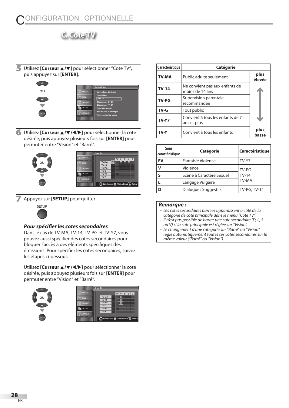 Onfiguration optionnelle, C. cote tv, Pour spécifier les cotes secondaires | Remarque, Appuyez sur [setup] pour quitter | Sylvania LC195SSX User Manual | Page 66 / 115