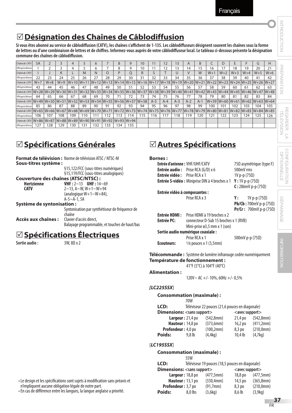 Français, Spécifications générales, Spécifications électriques | 5autres spécifications, Désignation des chaînes de câblodiffusion 5 | Sylvania LC195SSX User Manual | Page 75 / 115